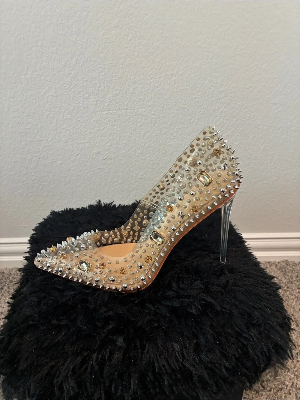 AKIRA Clear Pointed Stiletto Pump with Silver Studs